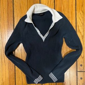 Black and White Collared Deep V Polo